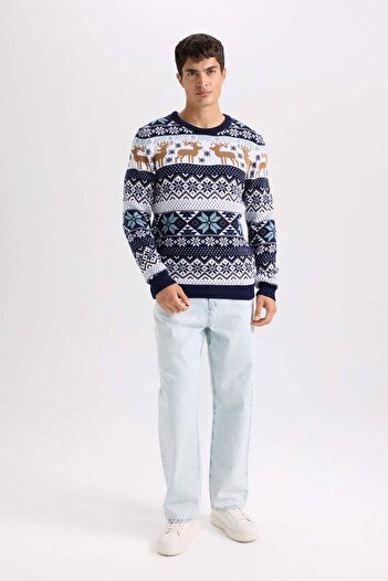 DeFacto Standard Fit Weihnachtsmotiv Rundhalsstrickpullover D5486AX24WN