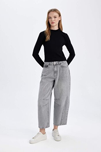 DeFacto Black Modal Basic Fitted T-Shirt - Half Turtleneck, Long Sleeve D8097Ax24Wn