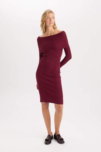 DeFacto Open Shoulder Midi Knitwear Dress - Plain, Long Sleeve - Basic Model Fitted D6840Ax24Au