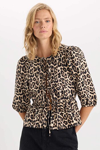 DeFacto Μπλούζα Leopard Print Poplin - Στρογγυλή λαιμόκοψη, Δέσιμο μπροστά, Μακρυμάνικο E1368AX24AU
