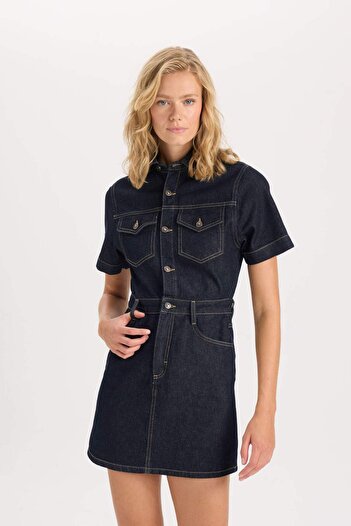 DeFacto Fashion Fit Gömlek Yaka Cepli Kısa Kollu Midi Jean Elbise D5809AX24WN