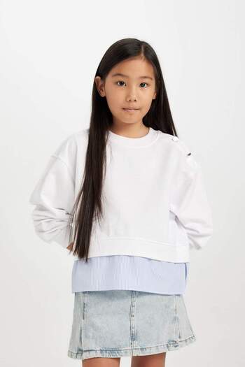 DeFacto Girl's White Relax Fit Crew Neck Button Detail Sweatshirt 3173831