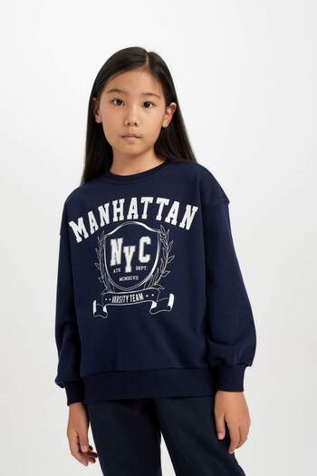 DeFacto Lányok Relax Fit Crew nyakú nyomott mintás pulóver D6493A8NS