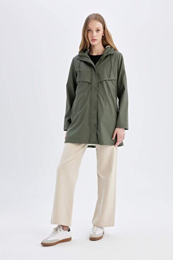 DeFacto Water Repellent Faux Leather Long Raincoat Fleece Lined Hooded Zipper Closure with Snap Pockets Seasonal A0982A