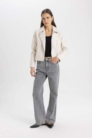 DeFacto Faux Leather Seasonal Jacket with Double Breasted Neckline and Zip Pocket - 4W1Dfmna0906__L12