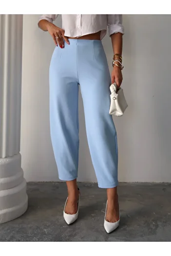 Paw Garage Women's Bernis Blue Balloon Pants, Elastic Waist Baggy Model Crepe Balloon Pants Hiding the Basen