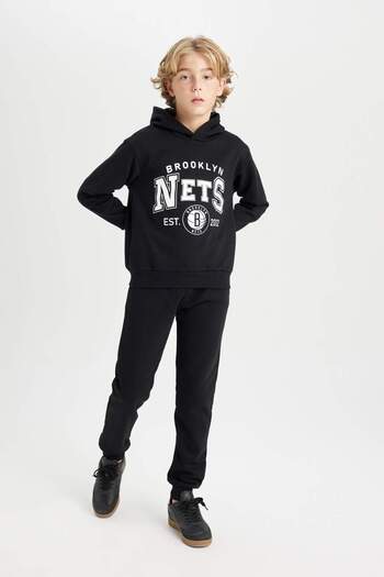 DeFacto Μπλούζα για αγόρι Brooklyn Nets Black - Χοντρό και κουκούλα D3125a824au
