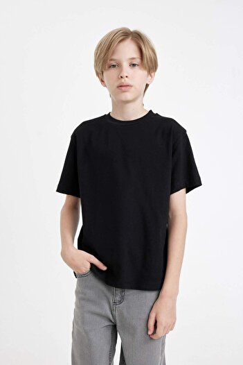 DeFacto Boy's Regular Fit Crew Neck Short Sleeve Basic Black T-Shirt D8471A8Ns