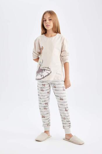 DeFacto Girls' Pajamas Set Crew Neck Printed Long Sleeve Top Long Bottom 3163676