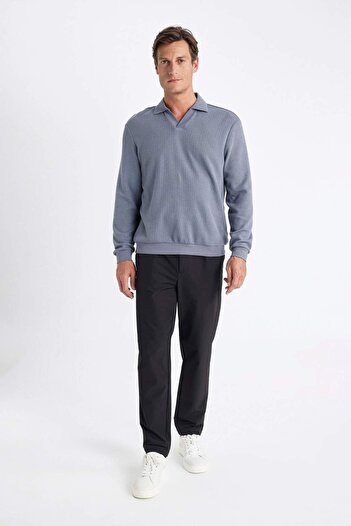 DeFacto Tricotaj jacquard cu guler polo albastru cu croiala normală Hanorac A9785ax24au
