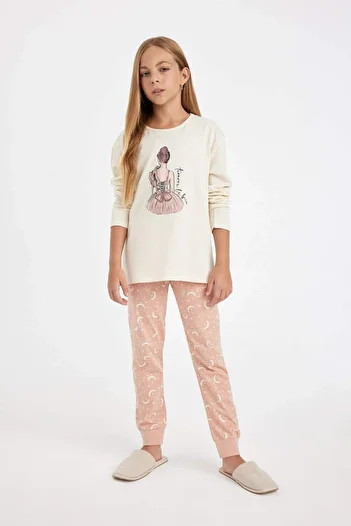DeFacto Girl's Pajama Set Ballerina Girl Printed Long Sleeve Top Long Bottom 3163681
