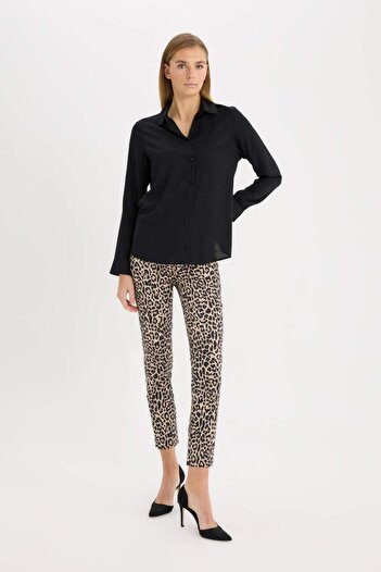DeFacto Leopard Print Satin Cigarette Pants - Regular Waist, Elastic Straight Leg J8741Az24Wn