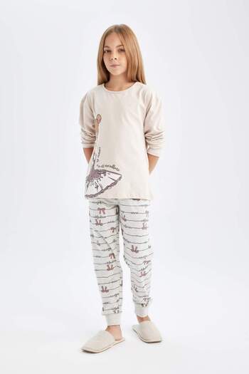 DeFacto Girls' Pajamas Set Crew Neck Printed Long Sleeve Top Long Bottom 3163676