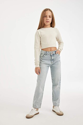 DeFacto Girls' Mom Fit Ripped Detailed Skinny Leg Jean Pants with Pockets C8532A824Au