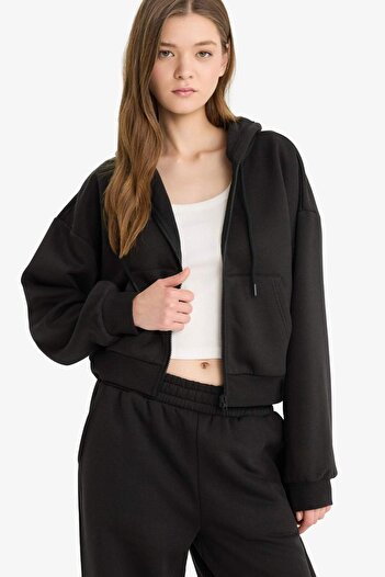 DeFacto Μαύρο φούτερ με κουκούλα Coool Standard Fit Basic με τσέπες καγκουρό με φερμουάρ Z7069AZ24WN