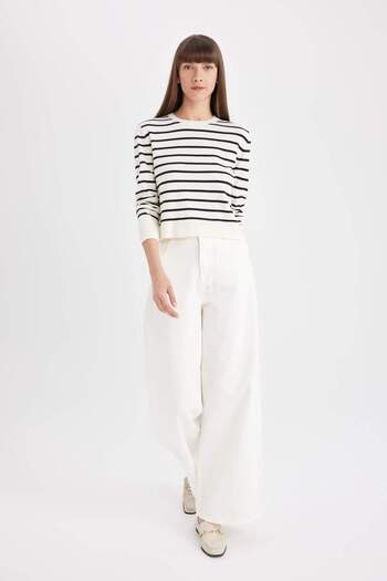 DeFacto Regular Fit Soft Textured Crew Neck Striped Knitwear Sweater C5261Ax24Au