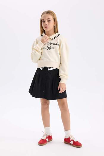 DeFacto Black Twill School Skirt for Girls - Solid Button and Pleated D1291A824Au