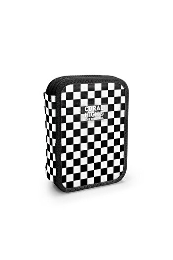 Coral High Black and White Checker Pattern Double Layer Pencil Bag 11146