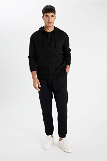 DeFacto Men's Black Regular Fit Hooded Soft Furry Zippered Thick Cotton Sweatshirt Cardigan