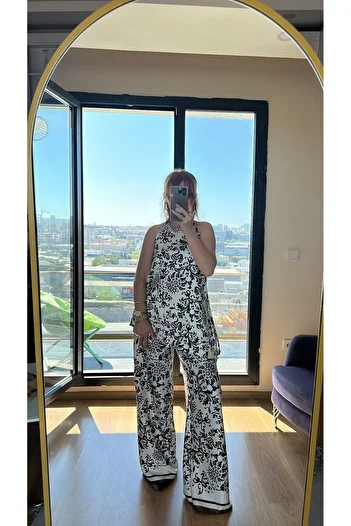 Pulli Collection Black and White Patterned Suit – Loose Trousers & Halter Neck Blouse