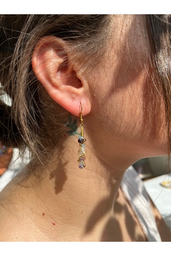 Yubi Aquamarine & Amethyst Natural Stone Mid Freshwater Pearl Copper Wrap Stainless Steel Earring