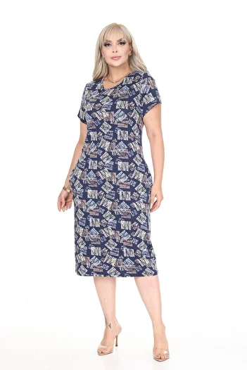 modayız Plus Size Lycra Viscose Pocket Patterned Dress 45C-2696