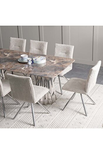 Danube Home Derin 1+8 Seater Dining Set with Swivel Chair - Grey/Beige