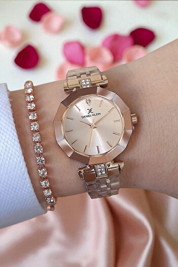 Daniel Klein 30 mm Cut Glass, Stone, 3 Atm Waterproof Rose Gold Women's Wristwatch, Stone Bracelet Gift