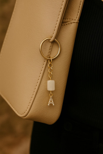 Han Ticarethane Gold Color Stone a Letter Crystal Quartz Keychain Charm