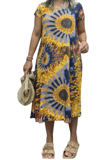 AKŞEN GİYİM Plus Size Cotton Viscose Short Sleeve V Neck Sun Tie Dye Pattern Knee Length Dress