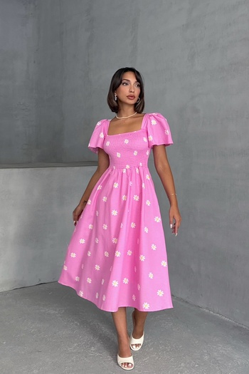 Lusin Women's Daisy Patterned Pink Poplin Midi Dress