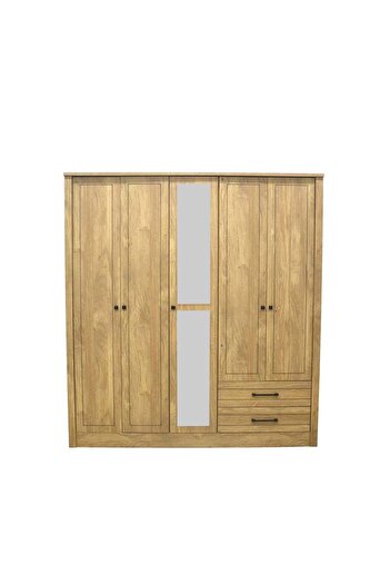 Danube Home Athens 5 Door Wardrobe with Drawers & Mirror - Light Oak L194xW55xH213cm