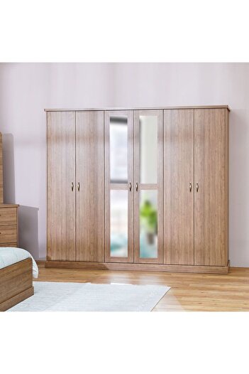 Danube Home Zirco 6 Door Wardrobe - Brown Oak L240xW58xH210cm
