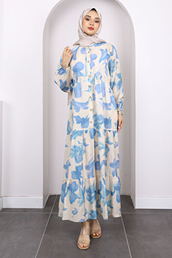 İmajButik Indigo Half Button Skirt Layered Patterned Dress