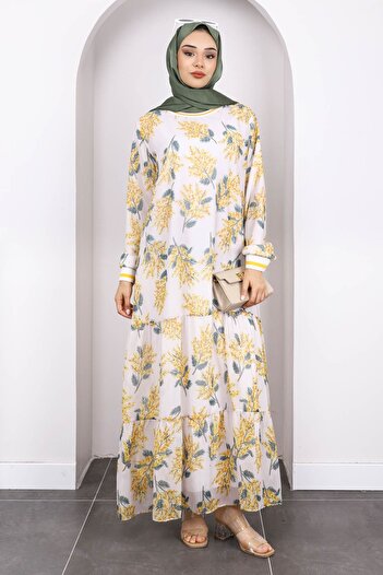 İmajButik Mustard Patterned Chiffon Dress