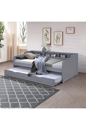 Danube Home Nexus 90x190 Day Bed w/Shelf & Trundle - Light Grey L198xW111.2xH73.4cm
