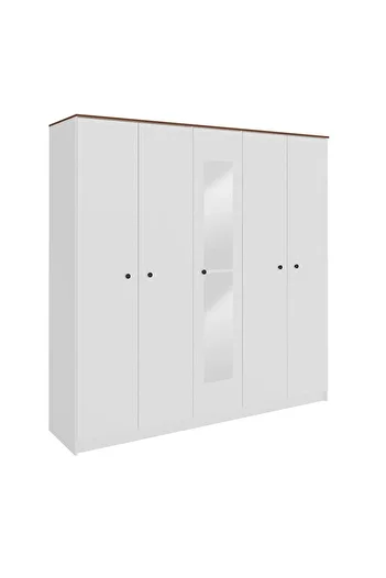 Danube Home Pera 5 Door Wardrobe - White/Light Walnut L220xW56xH220.5cm