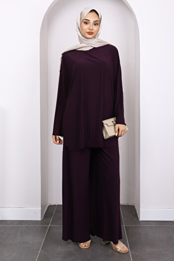 İmajButik Plum Pleated Sandy Tunic Trousers Set