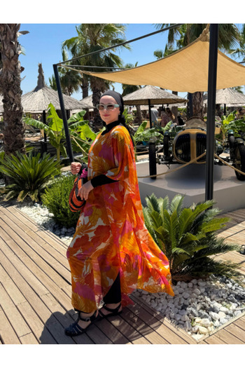 QYMOS PRIVE Tropical Patterned Chiffon Orange Pareo Kaftan