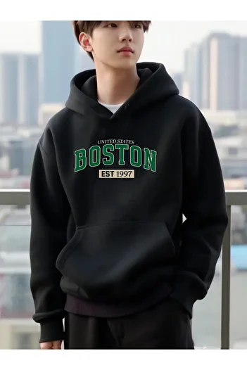 DEEPSENCE Unisex Hooded Black Oversize Sweatshirt Boston Green Printed
