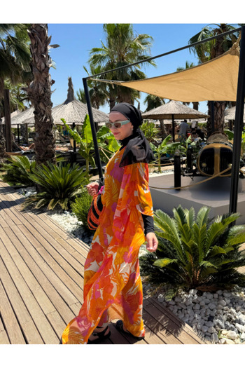 QYMOS PRIVE Tropical Patterned Chiffon Orange Pareo Kaftan