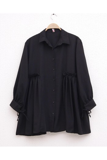 Vİ&FA BUTİK Women's Sleeve Lace Front Ruffle Black Shirt-Tunic