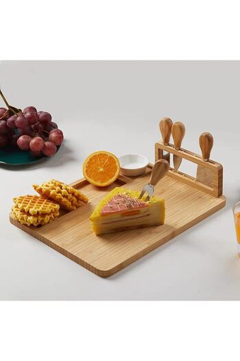 genric 5 Pieces Bamboo Cheese Board, Fork, Spoon, Teaspoon, Knife Set, Board
