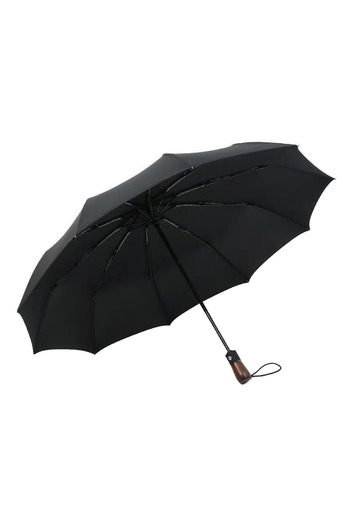 darklove Folding Umbrella, ergonomic wooden handle and 10 ribs, For women and men, Rain protection, Black