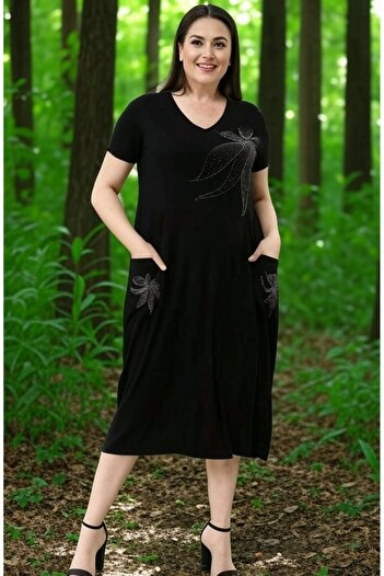 FOR ESRA BIG TREND Women's Plus Size Chest Front Pockets Rhinestone Flower Print V Neck Short Sleeve Stretchy Viscose Dress