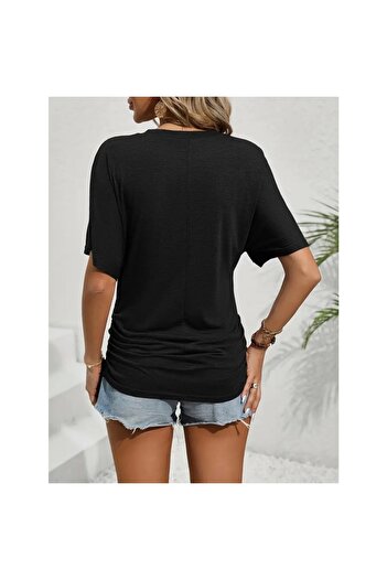 Melek Moda Women's Short Sleeve Crew Neck Side Gather Detail Bat Sleeve Viscose Blouse