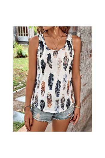 gl00my Women's Zero Sleeve V-Neck Leaf Patterned Single Jersey Blouse