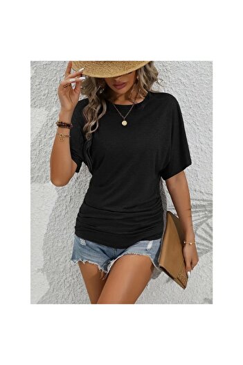 Melek Moda Women's Short Sleeve Crew Neck Side Gather Detail Bat Sleeve Viscose Blouse