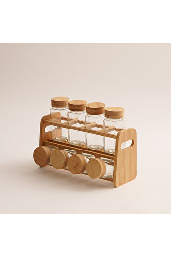 Alberto 8Pcs glass spice jar and bamboo rack set with bamboo lid