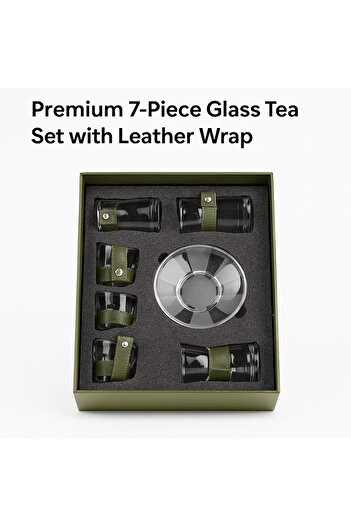 TSUMAB Premium 7-Piece Glass Tea Set with Leather Wrap – Elegant Gift Box